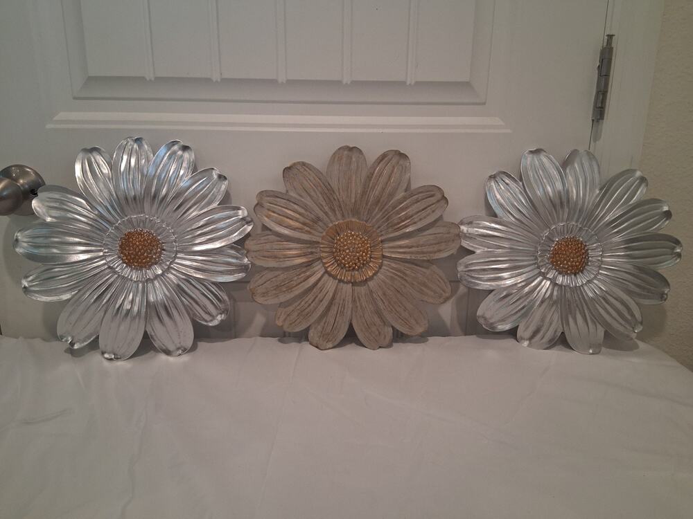Daisy Flower 3D Wall Art Decor Set of 3 Silver Gold Shabby Chic Farmhouse Resin